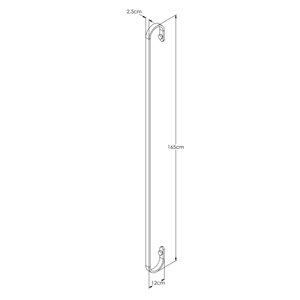 Desenho técnico da Arandela Moderna Fio Bella Itália, mostrando as dimensões de 165cm de altura, 2,5cm de largura e 12cm de profundidade.